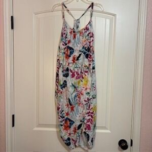 Myrah Womens XL Tropical Floral Racerback Wrap Tulip Hem Viscose Dress White